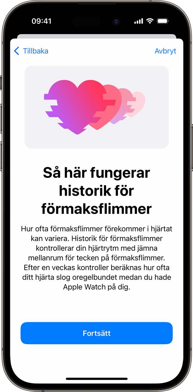 En iPhone som visar inställningsskärmen för Så här fungerar historiken för förmaksflimmer