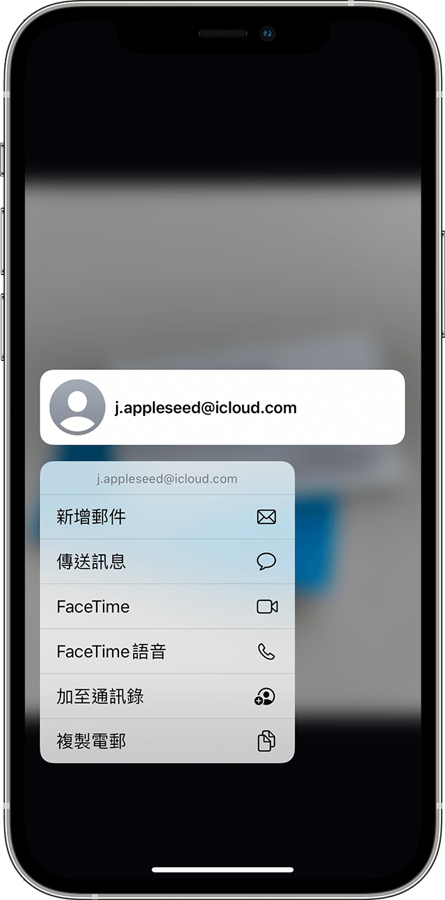 iPhone「原況文字」中進行通話或傳送電郵的選項