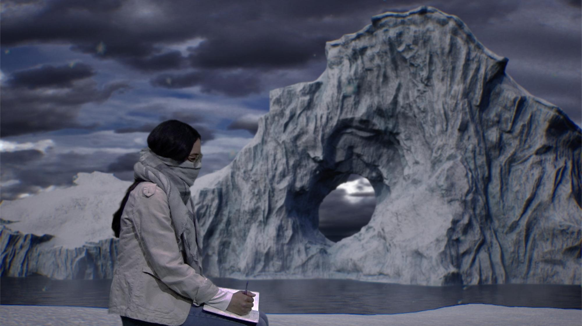 woman with a scarf around her mouth and nose writes in a journal in front of an icy Antarctic background