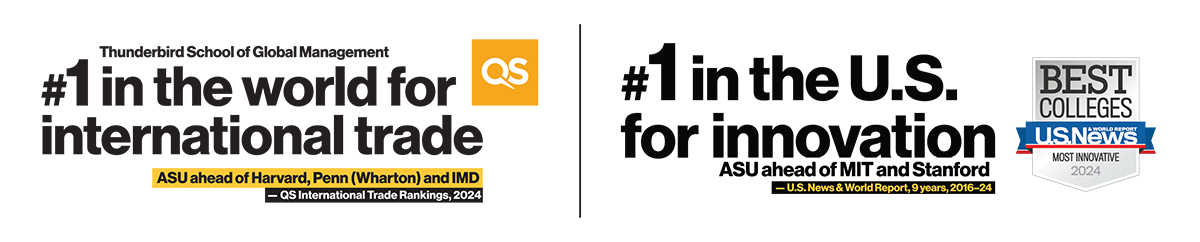 The Thunderbird School of Global Management is ranked No. 1 in the world for international trade by the QS International Trade Rankings.