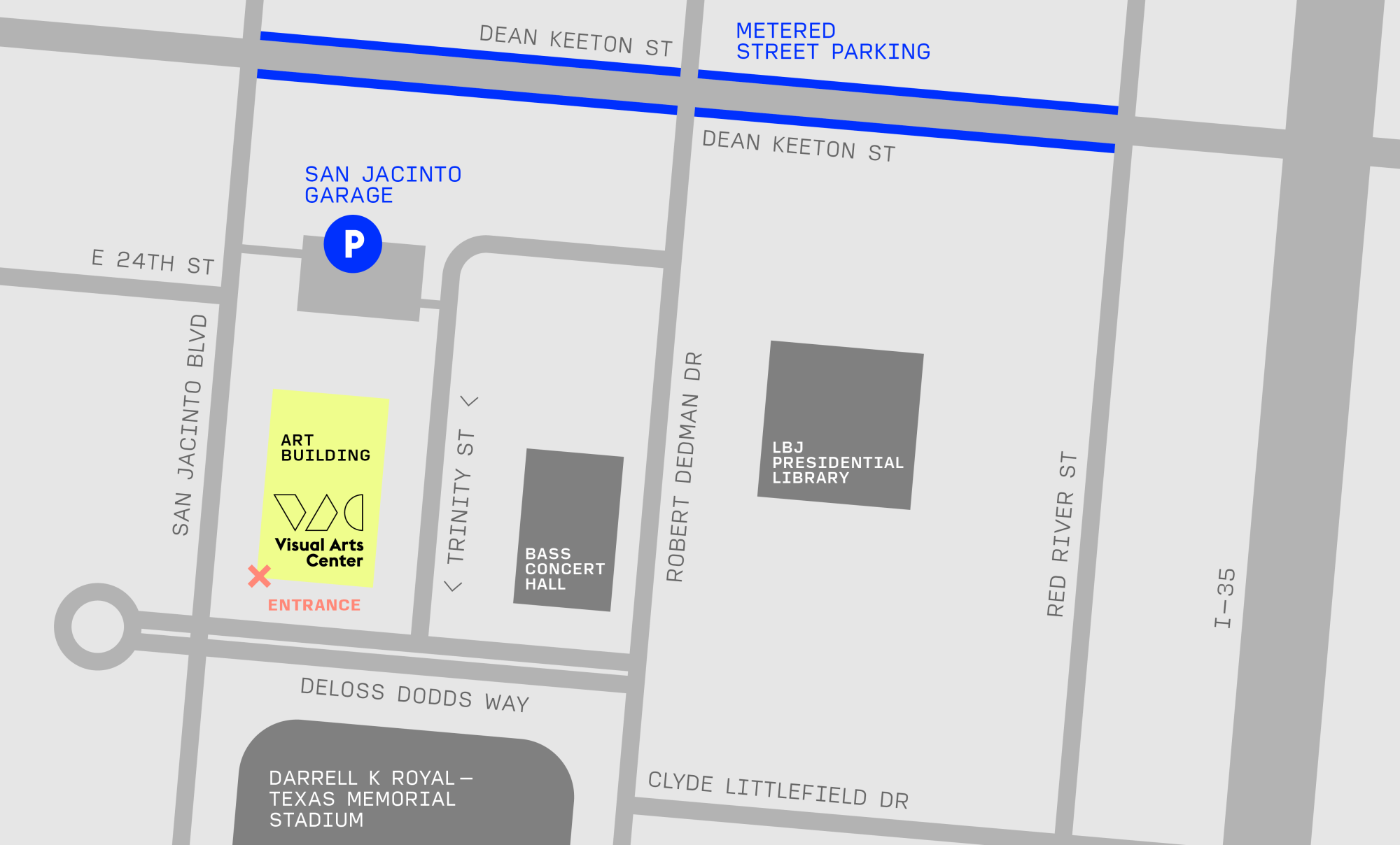 map showing location of Visual Arts Center and closest parking options