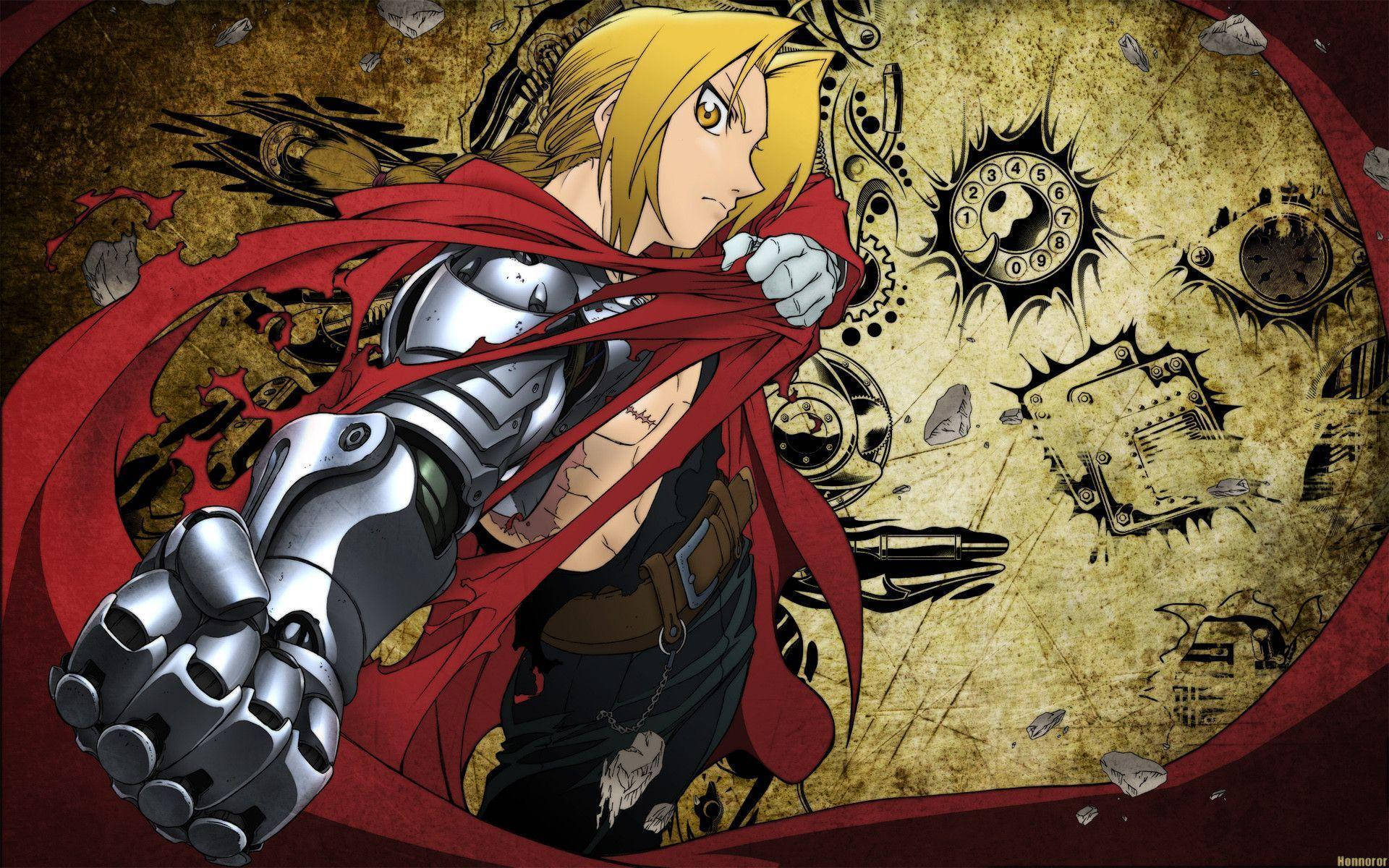 Edward Elric showcasing his iconic metal arm Wallpaper