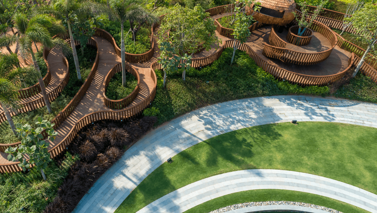 Aerial top down view of Tree houses and campfire areas