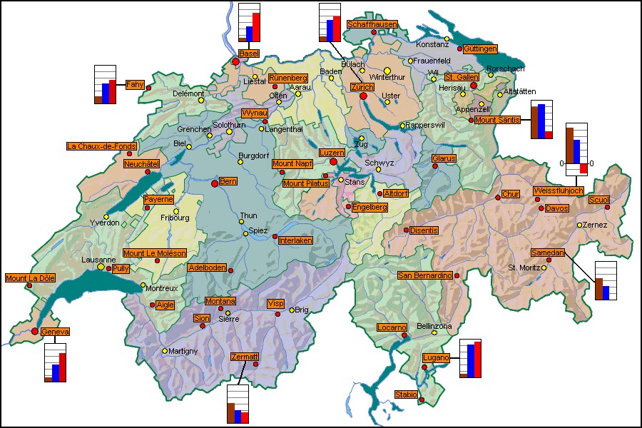 Swiss map with locations for which climate information is available