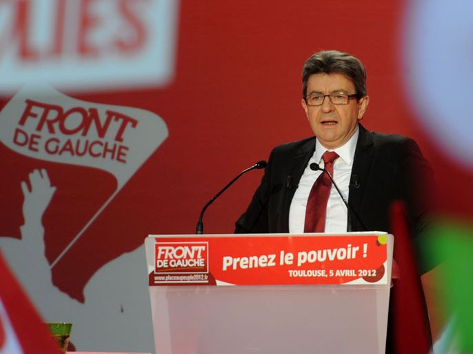 French Front de Gauche (FG) leftist candidate for the 2012 French presidential election Jean-Luc Melenchon delivers a speech during a campaign meeting on April 5, 2012 at the Place du Capitole in Toulouse, southwestern France. AFP PHOTO / ERIC CABANIS