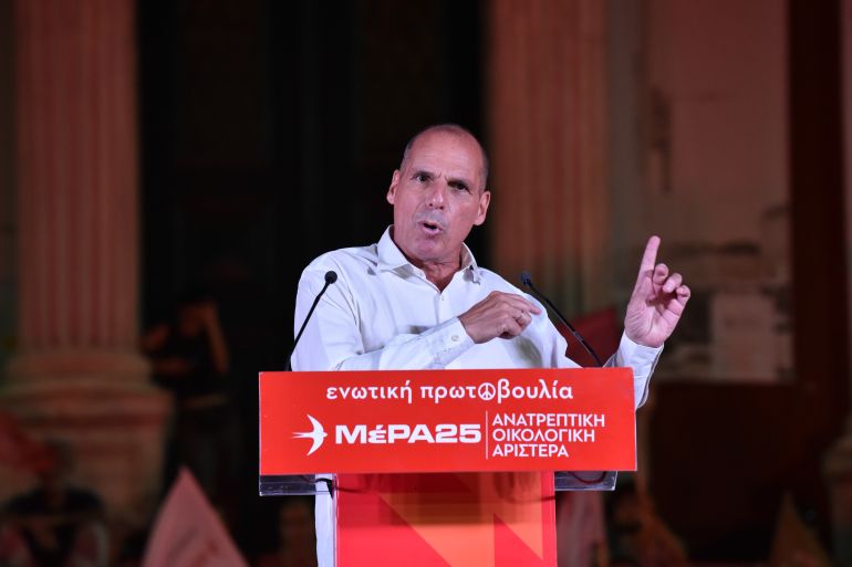 Yanis Varoufakis, leader of the MeRA25 party, is speaking to party supporters at the main campaign ahead of the European elections in Athens, Greece, on June 4, 2024. (Photo by Nicolas Koutsokostas/NurPhoto via Getty Images)