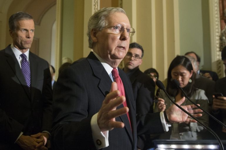 Senate Republican leadership speaks to members of the news media following a Democratic policy lucheon