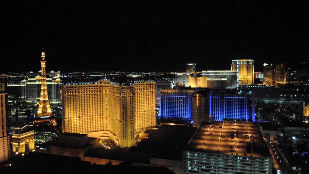 Looking north at Las Vegas' famous Strip, illuminated at night in April, 2016; two new major developments are under way at the northern end and set to be ready in 2018 [Joe Jackson/Al Jazeera]