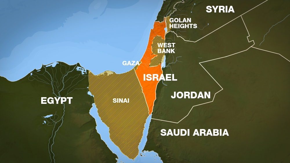 The territories that Israel occupied in 1967, shaded in Green. 