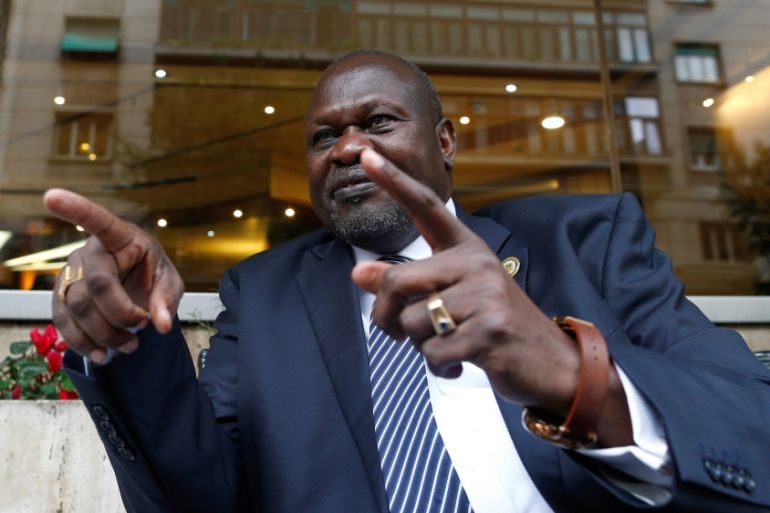 South Sudan''s ex-vice president and former rebel leader Riek Machar gestures during an interview with Reuters in Rome