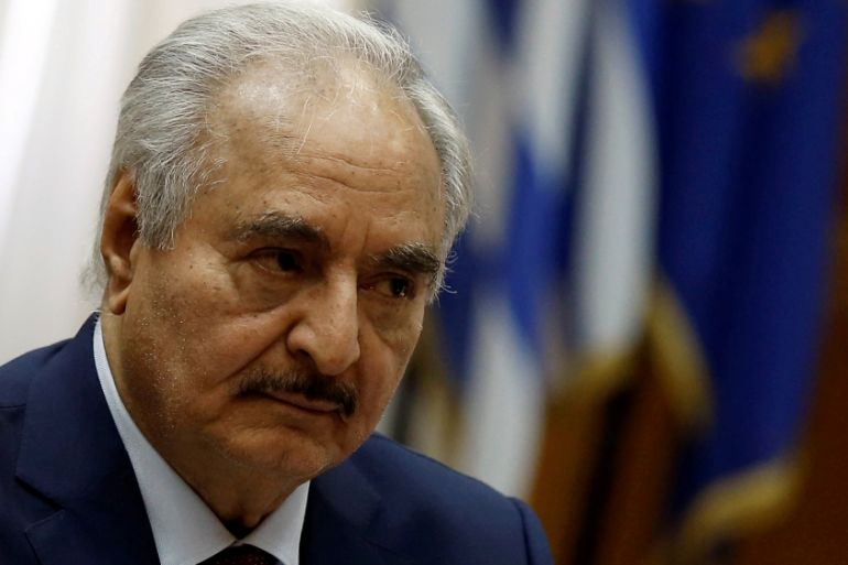 Libyan commander Khalifa Haftar meets Greek Prime Minister Kyriakos Mitsotakis (not pictured) at the Parliament in Athens