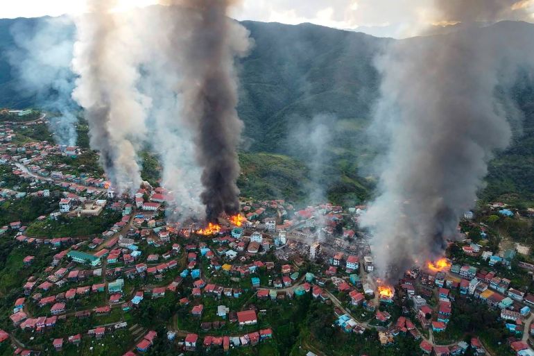 Air attacks on Thantlang in northwestern Chin state in October sent columns of smoke rising into the air after parts of the town were destroyed