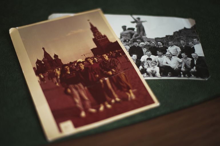 Four Georgian women stand in the Red Square in Moscow