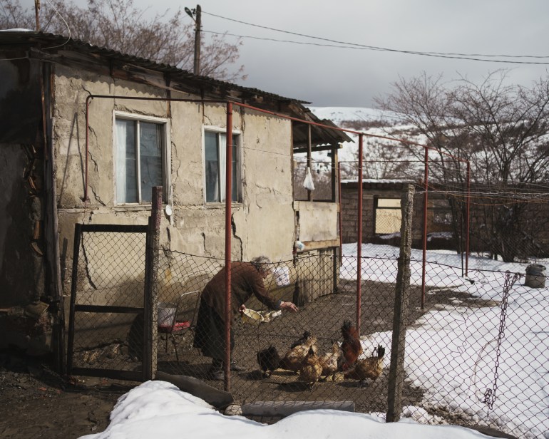 A photo of an elderly person feeding chickens.