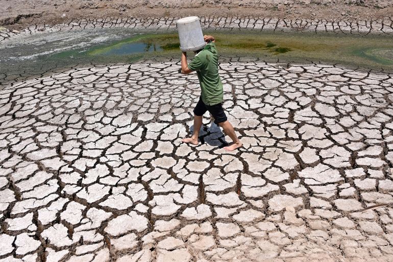 A man carries a plastic bucket across the cracked bed of a dried-up pond in Vietnam's southern Ben Tre province on March 19