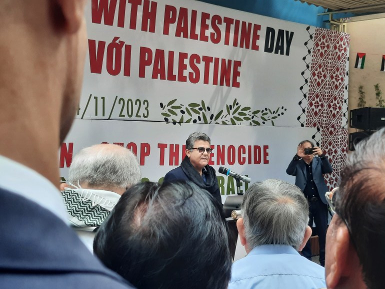 Ambassador Saadi Salama delivering his speech the event in commemoration of lives lost in Gaza held in Hanoi [Courtesy of Tu Ly]