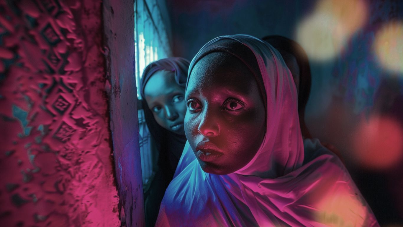 Three yound Sudanese women hiding with their ears pressed to the window