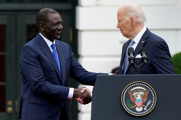 US President Joe Biden and Kenyan President William Ruto shake hands at the White House