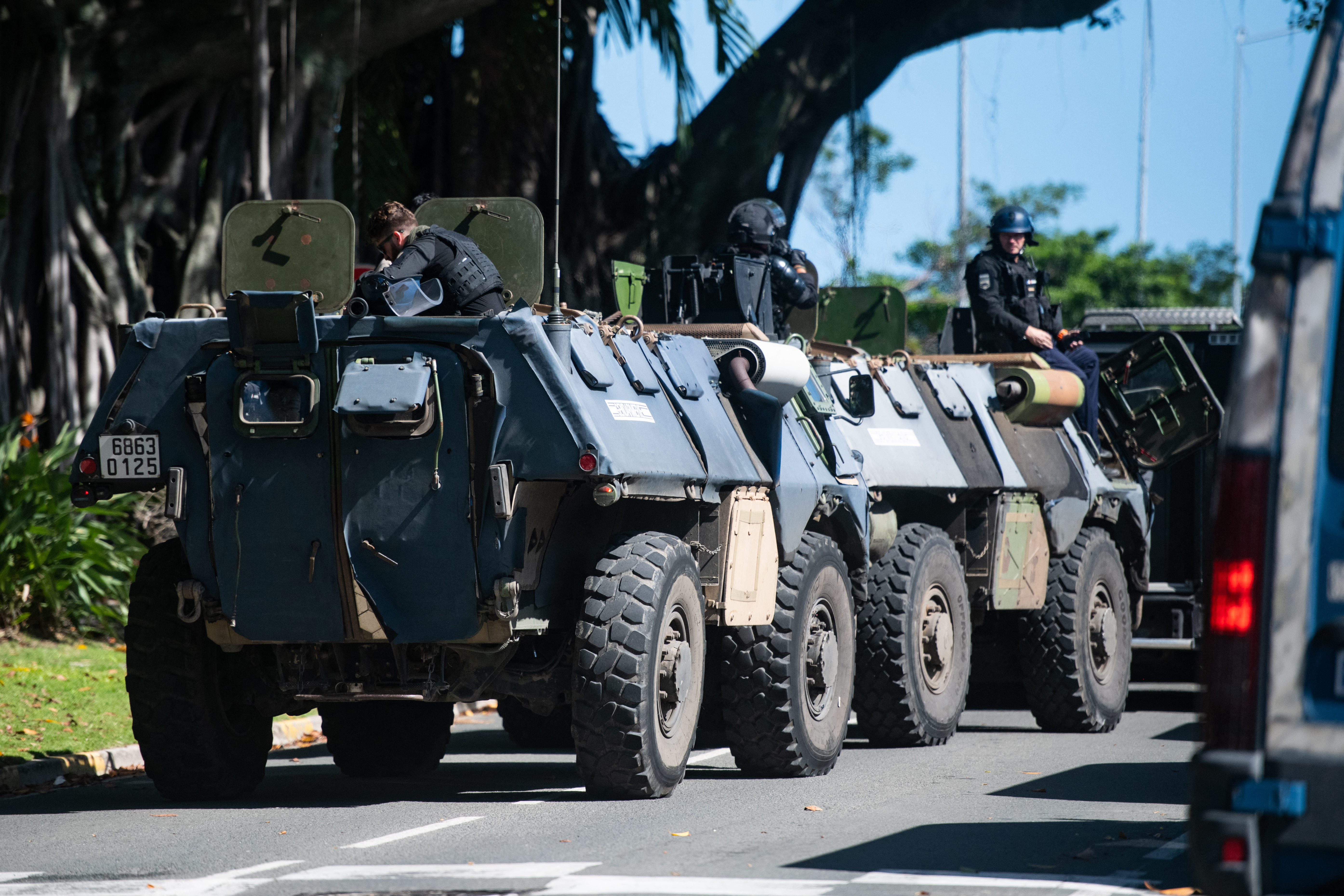 Gendarmerie armoured vehicles are seen near a police station in Noumea, France's Pacific territory of New Caledonia, on May 18