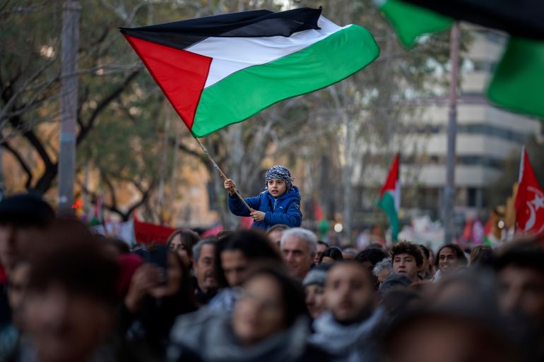 A boy waves a Palestinian flag