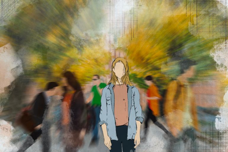 An illustration depicts a woman with long fair hair standing still as people pass by her.