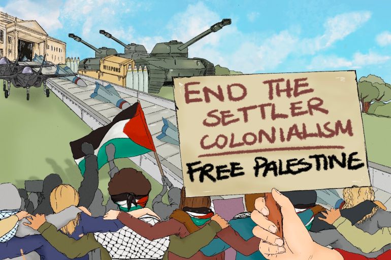 an illustration showing people protesting raising a Palestinian flag in front of a university building and a tank