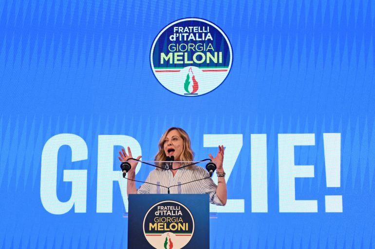 Italy's Prime Minister Giorgia Meloni speaks following the announcement of the partial results of the European Parliament elections, in Rome, Italy, June 10, 2024 REUTERS/Alberto Lingria