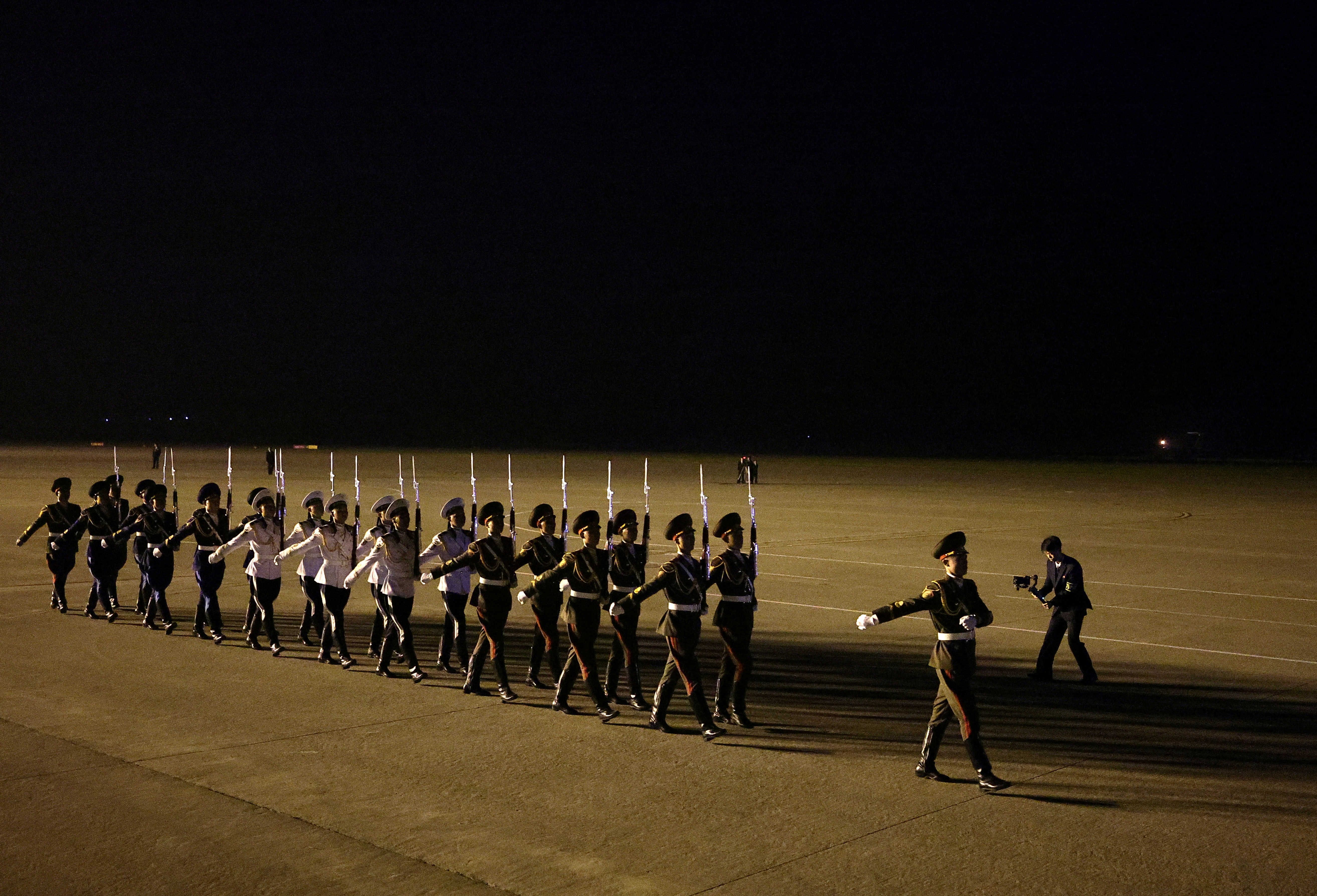 North Korean ceremonial guards marching at the airport