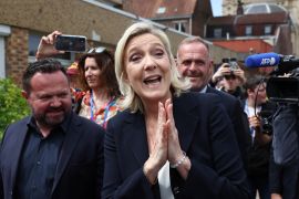 Marine Le Pen, French far-right leader, reacts after she voted in Henin-Beaumont, France [Yves Herman/Reuters]