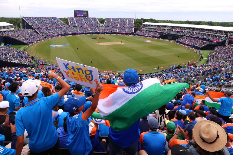 NEW YORK, NEW YORK - JUNE 09: A general view of the stadium during play in the ICC Men's T20 Cricket World Cup West Indies & USA 2024 match between India and Pakistan at Nassau County International Cricket Stadium on June 09, 2024 in New York, New York. Robert Cianflone/Getty Images/AFP (Photo by ROBERT CIANFLONE / GETTY IMAGES NORTH AMERICA / Getty Images via AFP)