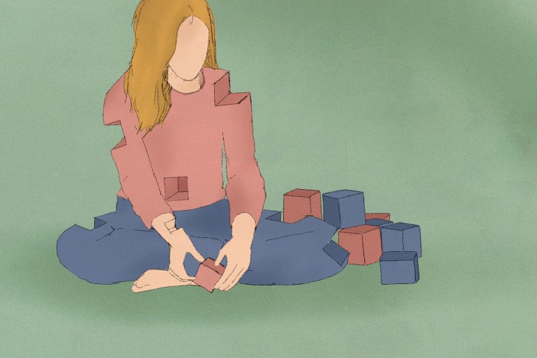 An illustration depicts a woman sitting on the floor with building block shaped holes in her arm, shoulder and knee and building blocks on the floor in front of her
