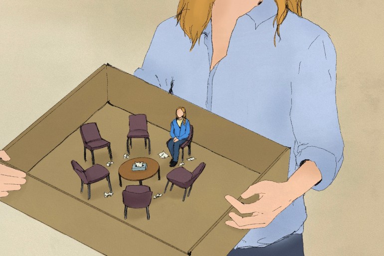 An illustration depicts a woman carrying a cardboard box. Chairs are arranged around a small table in the box. A woman sits on one of the chairs