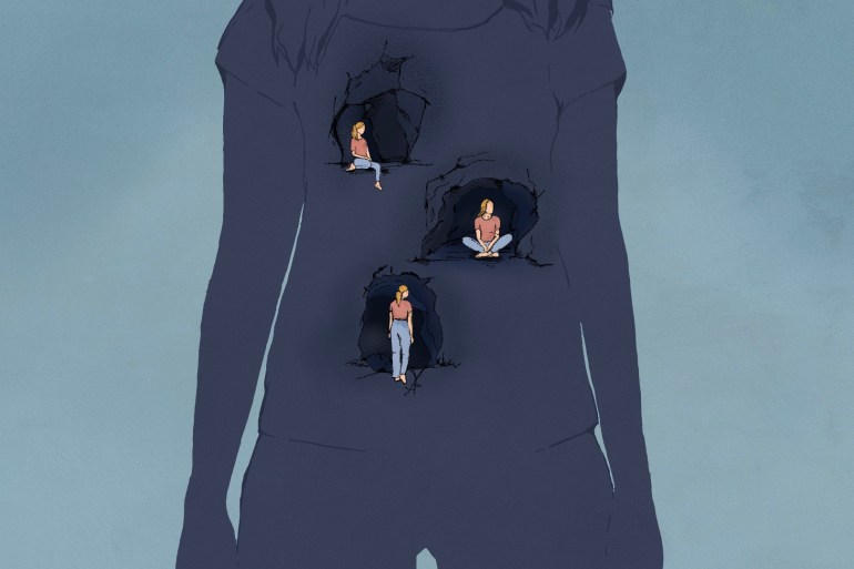 An illustration depicts a dark outline of a woman with three caves, each with smaller versions of the woman inside, within her chest