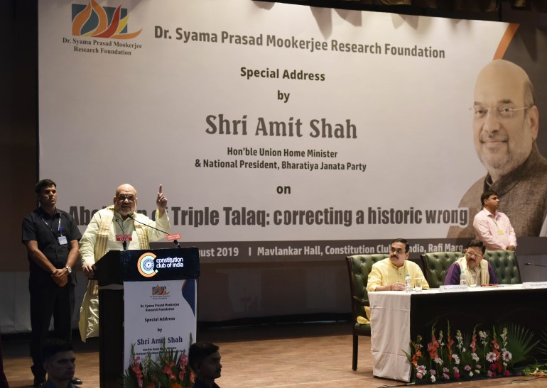 Home Minister Amit Shah during a seminar discussion titled ‘The Abolition of Triple Talaq: Correcting a Historic Wrong’ at the Mavlankar Hall