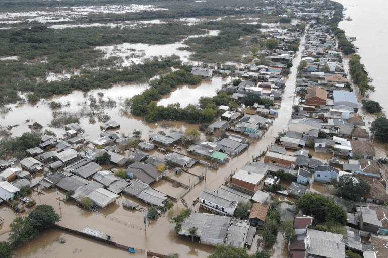 An aerial view of the Ilhas neighbourhood of Porto Alegre, Brazil, as the river rises to local streets.