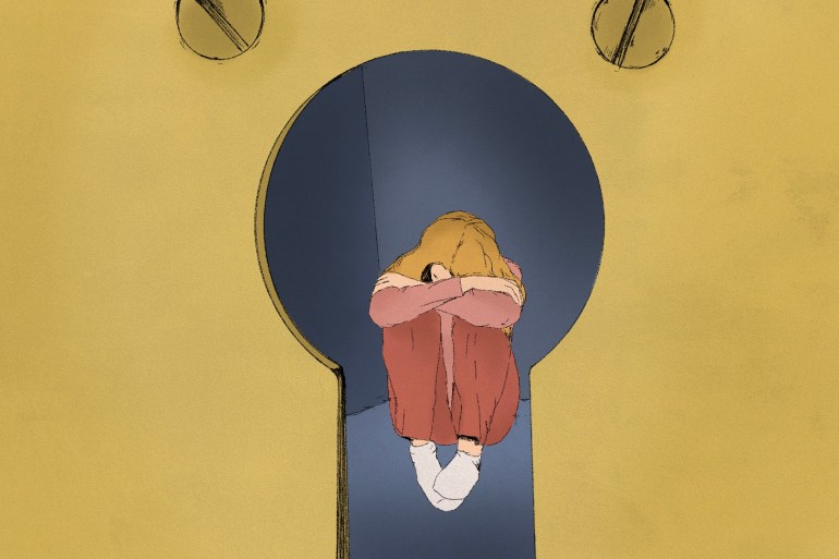 An illustration depicts a woman seen through a keyhole. She is sitting on the floor with her head buried in her arms