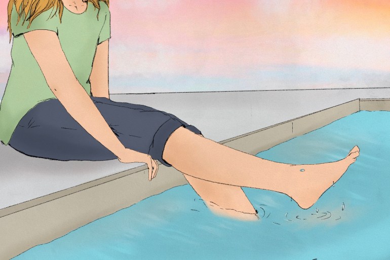 An illustration depicts a woman sitting on the edge of a swimming pool with her legs in the water