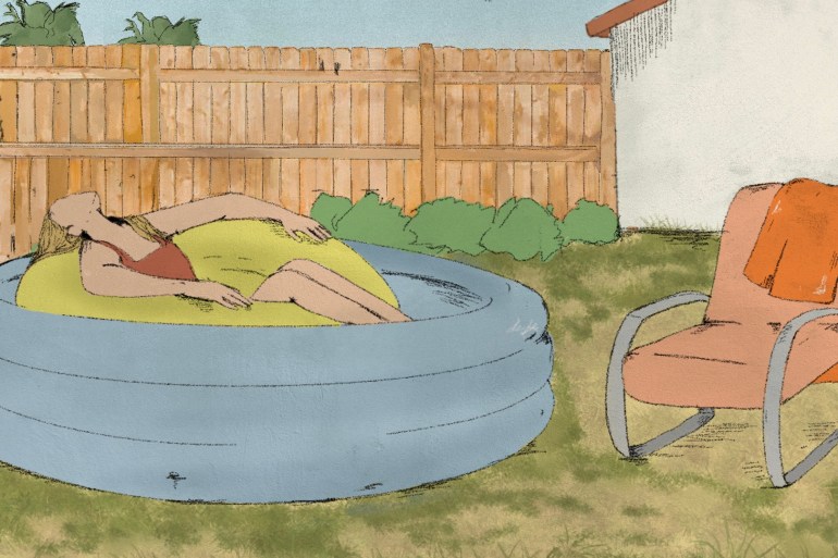 An illustration depicts a woman floating in a children's paddling pool with a brown garden fence behind her