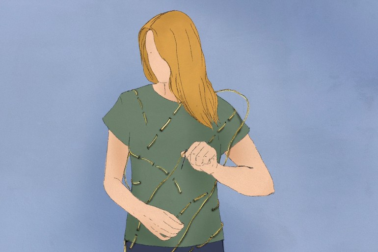 An illustration depicts a woman threading golden thread through her green t-shirt as she wears it