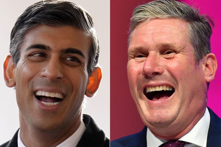 (COMBO) In this combination of file pictures created in London on May 29, 2024, Britain's Prime Minister Rishi Sunak (L) laughs during the Ceremonial Welcome for South Africa's President, on Horse Guards Parade in London on November 22, 2022, and Britain's main opposition Labour Party leader Keir Starmer (R) reacts as he sits in the conference hall for the the debate on the leadership election rules changes, on the second day of the annual Labour Party conference in Brighton on the south coast of England, on September 26, 2021. Britain's Prime Minister and leader of the Conservative party, Rishi Sunak and Labour opposition leader Keir Starmer will go head-to-head on June 4, 2024 in the first televised debate of the election campaign. (Photo by Justin TALLIS and Kirsty WIGGLESWORTH / various sources / AFP)