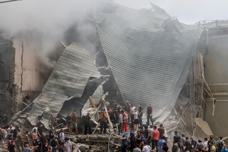 Rescuers work at Ohmatdyt Children's Hospital that was damaged during a Russian missile strikes, amid Russia's attack on Ukraine, in Kyiv, Ukraine July 8, 2024.