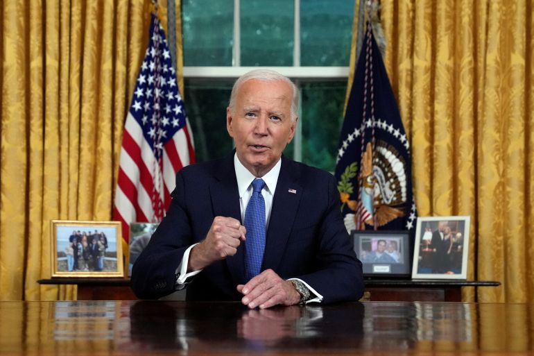 U.S. President Joe Biden addresses the nation from the Oval Office of the White House in Washington, Wednesday, July 24, 2024, about his decision to drop his Democratic presidential reelection bid.