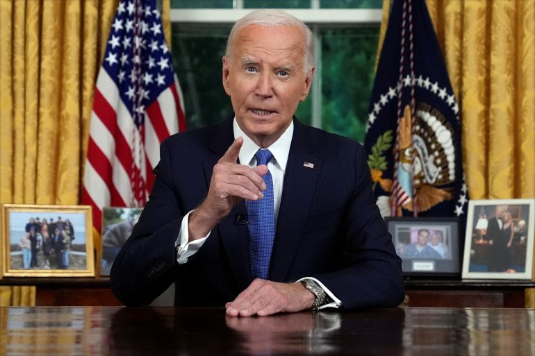 U.S. President Joe Biden addresses the nation from the Oval Office of the White House in Washington, Wednesday, July 24, 2024, about his decision to drop his Democratic presidential reelection bid.