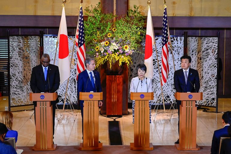 Japanese Foreign Minister Yoko Kamikawa, Japanese Defense Minister Minoru Kihara, U.S. Secretary of State Antony Blinken and U.S. Secretary of Defense Lloyd Austin