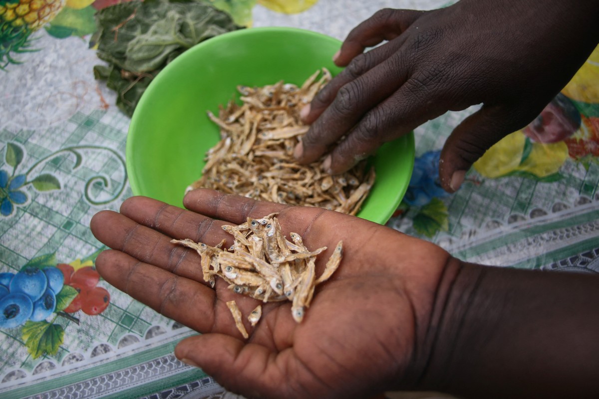 A lady selects dried kapenta fish