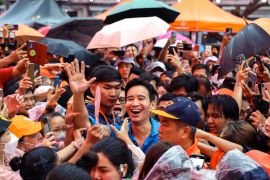 Pita Limjaroenrat greets supporters during a rally in Bangkok, Thailand [File: Athit Perawongmetha/Reuters]