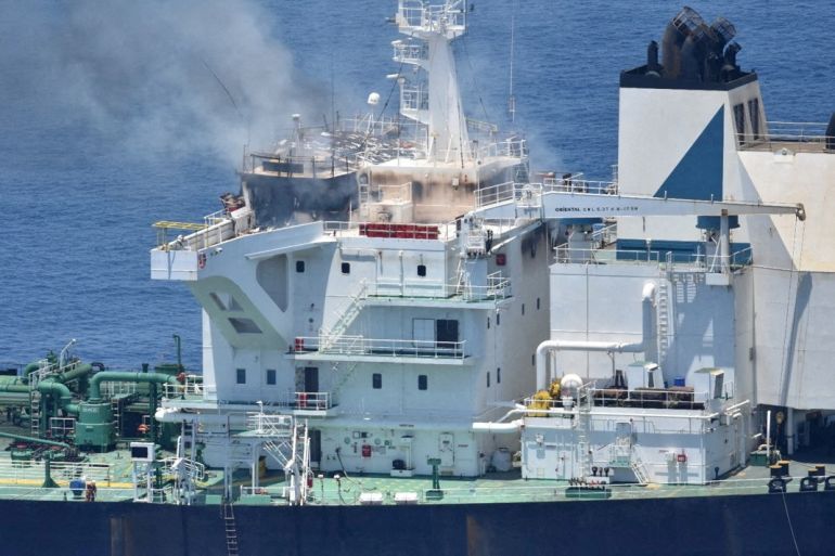 Smoke rises from the Greek-flagged oil tanker Sounion, which has been on fire since August 23, on the Red Sea,