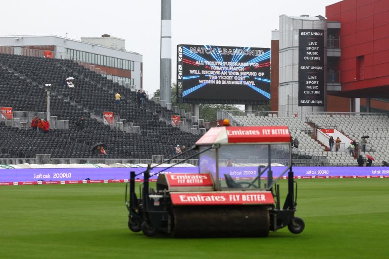 Cricket - Second T20 International - England v Australia - Old Trafford Cricket Ground, Manchester, Britain - September 15, 2024 General view of the big screen as the match is abandoned due to bad weather Action Images via Reuters/Lee Smith