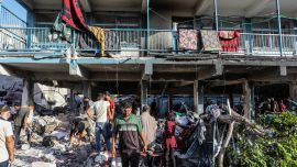 Civil defense teams and civilians carry out search and rescue operations from the rubbles after an Israeli attack at the school of United Nations Relief and Works Agency for Palestine Refugees in the Near East (UNRWA) at Nuseirat Refugee Camp in Gaza City, Gaza on September 11, 2024.