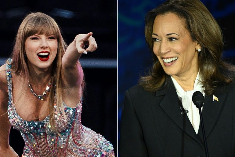 This combination of pictures created on September 10, 2024 shows (L) American singer and songwriter Taylor Swift performs on stage as part of her Eras Tour in Lisbon on May 24, 2024 and (R) US Vice President and Democratic presidential candidate Kamala Harris listens to former US President and Republican presidential candidate Donald Trump speak during a presidential debate at the National Constitution Center in Philadelphia, Pennsylvania, on September 10, 2024. - Taylor Swift, a self-declared "childless cat lady," has endorsed Kamala Harris for president of the United States. The global megastar broke her silence on the current state of US politics September 10, 2024,